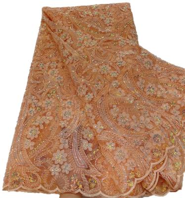 China Other Luxury Burnt African Bridal Wedding Sequins Mesh Embroidery Tulle Lace Fabric Orange Rope Fabric for sale