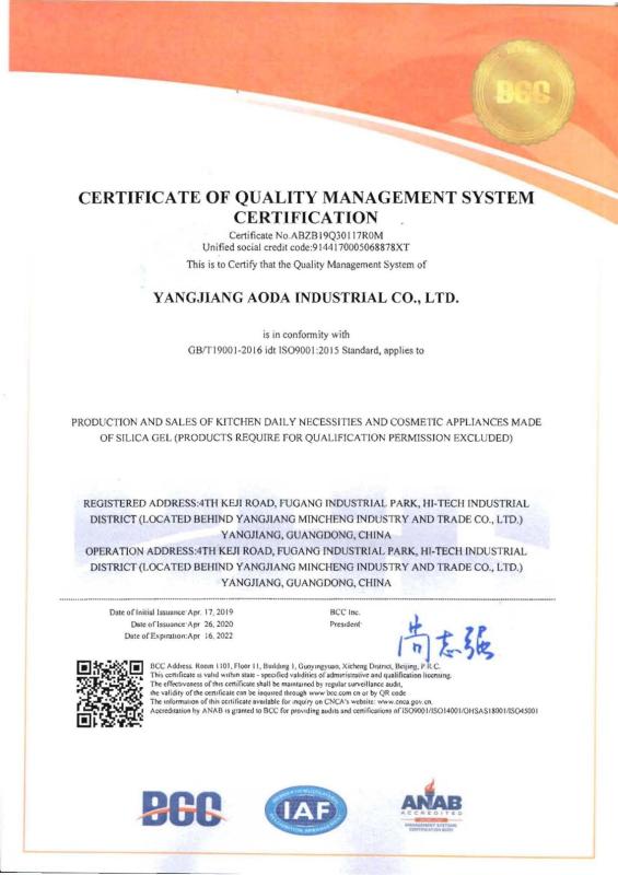 ISO9001 - Yangjiang Aoda Industrial & Trade Co., Ltd.