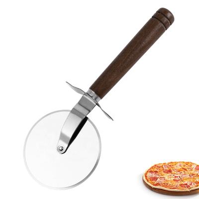 China Sustainable Stainless Steel Professional Customized Wooden Nut Wheel Cycle Pizza Cutter With Wooden Handle for sale