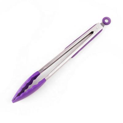 China Viable Wholesale Purple Kitchen Silicone Stainless Steel Barbecue Bread Salad Cake Ice Barbecue Cooking Tongs for sale