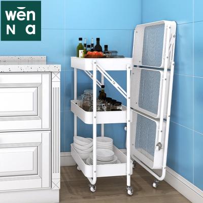 China Sustainable Wrought Iron Cart Carts Metal Wire 3 Tiers Folding Magic Corner Kitchen Storage Shelf For Microwave Kitchenware for sale