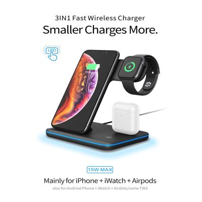 China Earphone 3 in 1 Qi Multifuncion Charging 15w 10w Fast Wireless Charger Stand Wireless Charging Dock for iPhone iWatch Airpods for sale