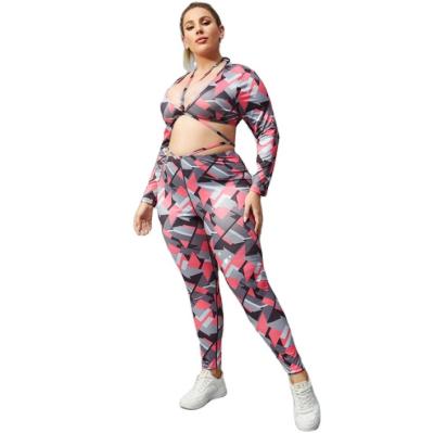 China High Print xxxl polyester waist and hip lift long sleeve breathable custom active wear leggings plus size 2 piece yoga set for fat women for sale