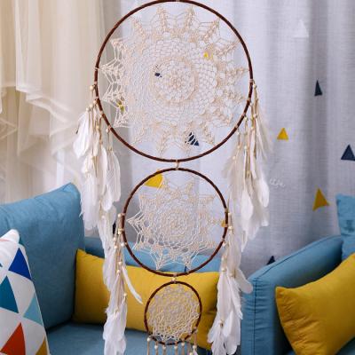 China New Bohemian China Style Three Ring Woven Feather Catcher Dreamy Wall Decoration Ornaments for sale