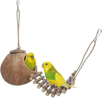 China 100% Natural Sustainable Coconut Nest Climbing Ladder Refuge With Ladder, Bird And Small Animal Toy Bird Nest Coconut for sale