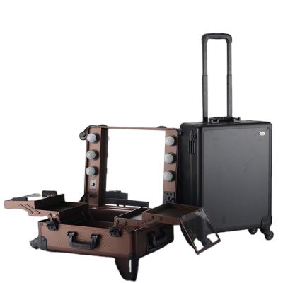 China Normcore / train minimalist glittering box makeup trolley cosmetic case with wheels for sale