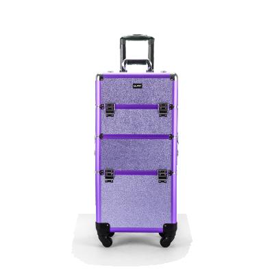 China Lady Glary Makeup Beauty Case Purple Aluminum Brush Case Lockable Makeup Trolley Nail Polish Case for sale