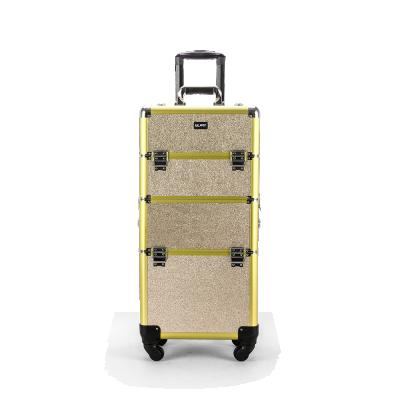 China Lady Glary Makeup Train Case Professional Rolling Travel Case Cosmetics Large Capacity Yellow Makeup Train Case for sale