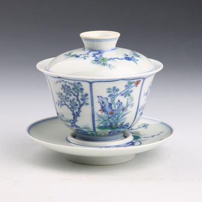 China JIKILN blue old and white three-piece set gaiwan porcelain viable antique chinese ceramic tea cup hand painted for sale