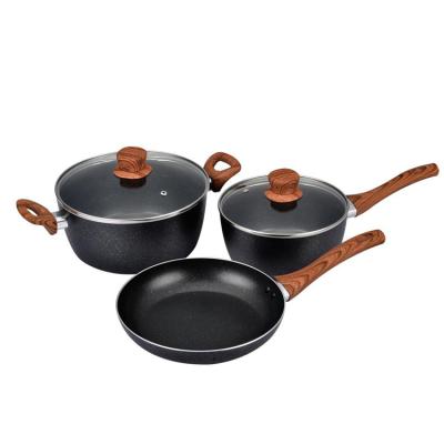 China Sustainable 5 Pcs High Quality Cookware Sets Aluminum Non-Stick Marble Coating Pans With Wood Grain Handle Cookware Set Hot New for sale