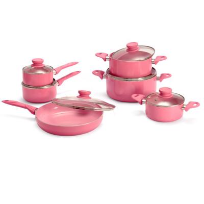 China 12PCS Sustainable Memory Ceramic Coating Frying Pan Saucepan Pink Saucepot Kitchen Cooking Pans Cookware High Quality Set for sale