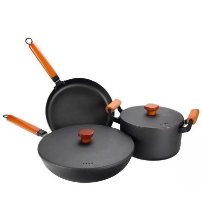 China Sustainable Carbon Steel Frying Pan Wok Casserole Pot Set Non-stick Coating Cookware Set New 2020 Fourth Pot Non Stick Black Pot Gift Box for sale