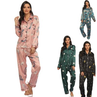 China Autumn Breathable Long Pants Printed Women's Pajama Set Matching Satin Poly Pajamas Flannel Silk Pajamas for sale