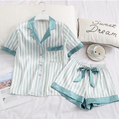 China 2021 Spring Summer Women's Silk Shorts QUICK DRY Pajamas Short Sleeve Cardigan Lapel Home Service Set Short Nightgown for sale