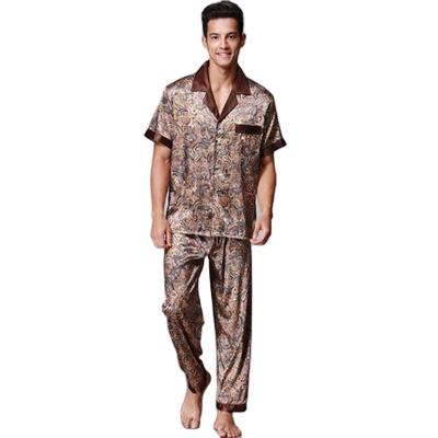 China 2021 Breathable Custom Logo Printed Mens Sleepwear Luxury Pajamas Poly Stain Luxury Silk Pajamas Short Sleeve for sale