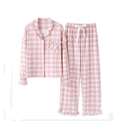 China 2019 Autumn Double Layer Homewear QUICK DRY Print Lattice Cute 100% Cotton Nightgowns Women Long Sleeve Pajamas for sale