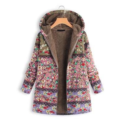 China Winter Breathable Women Plus Size Hooded Zipper Down Coat Female Velvet Printed Long Parkas Outerwear Fleece Jacket Casual Chic for sale