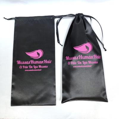 China Custom Black Gift Waist Drawstring Satin Dust Bags Long, Silk Hair Weave Tote Bag Bags For Hair Extensions for sale