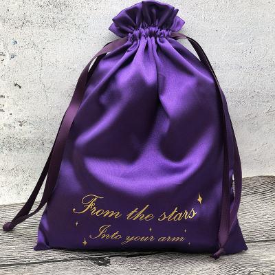 China Custom Luxury Black Thick Silk Gift Wrap Satin Drawstring Dust Hair Extension Bag With Logo Printing for sale