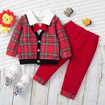 China 2022 Spring Autumn Children's Cotton Dressing Set Baby Red Holiday Sets Faux Bow Tie Pure Plaid Two Piece Set Superior Gent's Formal Sets for sale