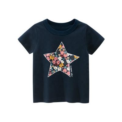 China Children's new summer girls' breathable T-shirts with five sharp stars printed to ink blue children's T-shirts for sale