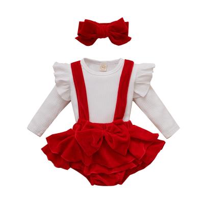 China New Style Christmas Flying Sleeve Velvet Babies Dressing Sets Free Bow Anti-Shrink Kids for sale