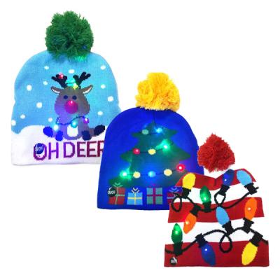 China Hot Selling Low MOQ Winter Waterproof Family Warm Christmas Hats Decorate Lamp Christmas Adult And Child LED Knitted Hat for sale