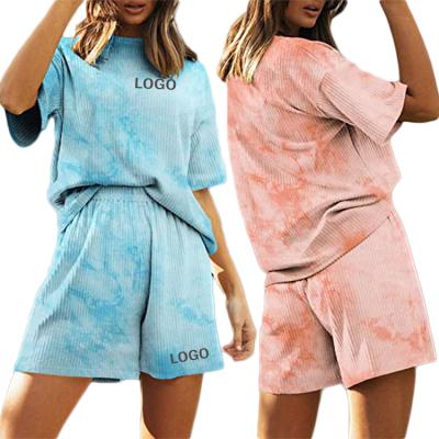 China Gradient Anti-pilling 2 Piece Sets Shorts Set Women Summer Dye Tie Pajamas Short Sleeve Loungewear Set Homewear for sale