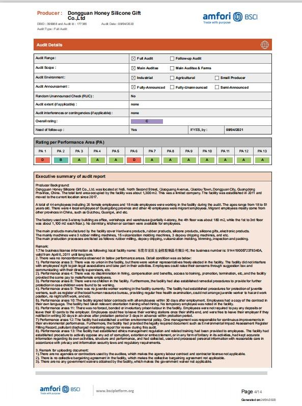 BSCI - Dongguan Honey Silicone Gift Co., Ltd.