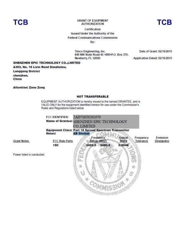 FCC - Shenzhen Epic Technology Co., Ltd.