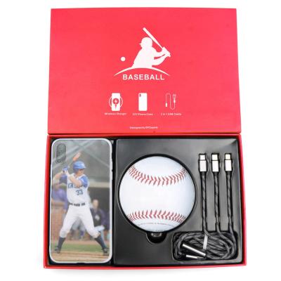 China Business Gift Sports 3 In 1 Baseball Gift Box 5W 10W 15W Charger Qi Wireless DIY Phone Case for sale