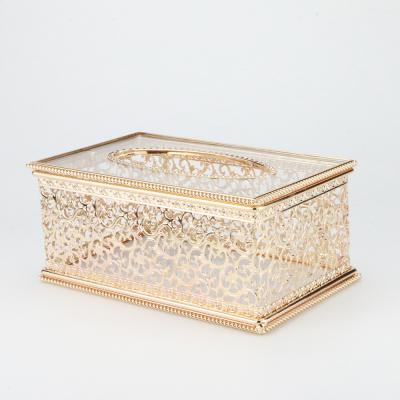 China Art Decor Exquisite Tissue Box Gold Napkin Dispenser Tissue Organizer Silver Art Carving Metal Tissue Holder for sale