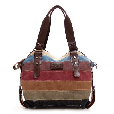 China Neue Tendenz Regenbogen gestreifte Leinwand Tasche Mode Patchwork Damen Tasche WASCH WASCH Kleidung Tasche zu verkaufen