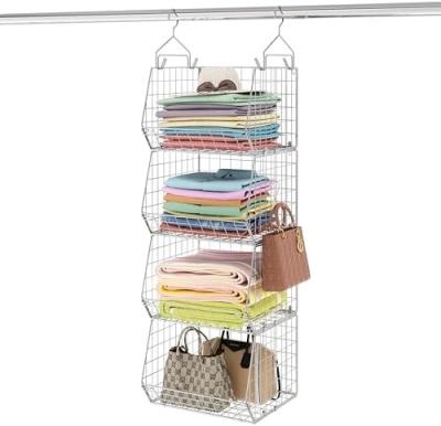 Cina X-COSRACK 4 TIER FOLDABLE CLOSET ORGANIZER, CLOTHES SHELVES WITH 5 S HOOKS, WALL MOUNT&CABINET WIRE STORAGE BASKET BINS, in vendita