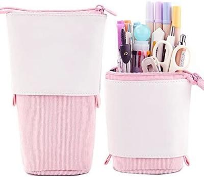 중국 Telescopic Pencil Bag Pen Holder Stationery Case, PU Corduroy Stand-up Retractable Transformer Bag Colorful Organizer, 판매용