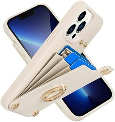 China Cardholders with iPhone 13 Pro Max, 360° rotating ring holder, leather holder card slot case, RFID shockproof cover, for sale