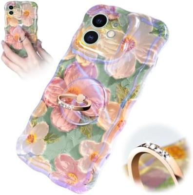 China iPhone 12 Pro Max case Ring, Oil Painting flower Colorful retro flower cute curly wave frame Women's Girl phone case for sale