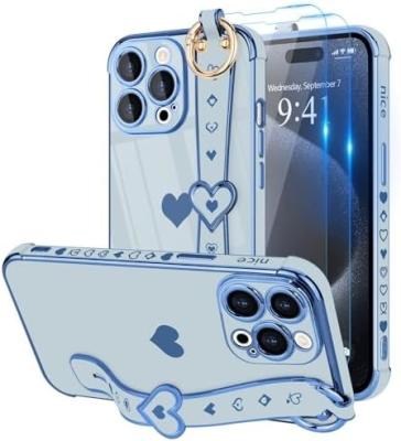 China iPhone 12 Pro Cute Love-Heart Plating Strap Phone Cover for Women Girls Bling Silicone Camera Lens Protection Bumper for sale