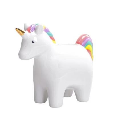 China Wholesale Nordic Style Unicorn Money Bank Ceramic White Color Coin Bank Horse Saving Box For Home Decor for sale