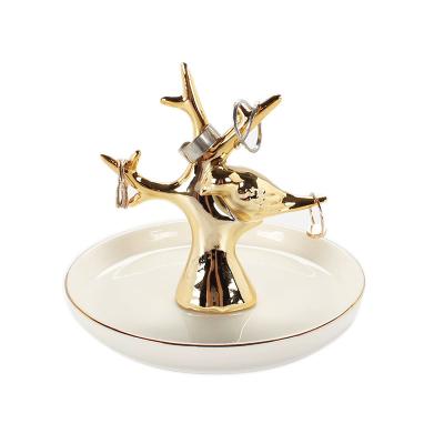 China 2021 Nordic New Style White Ceramic Dish with Gold Deer Horn Jewelry Tray Trinket Ring Holder for Home Decoration for sale