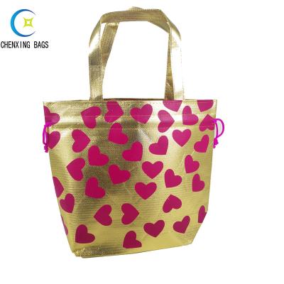 China 100% China Factory Eco-friendly Heart Logos Printed Gold Gift Drawstring Tote Bag Cheap Price for sale