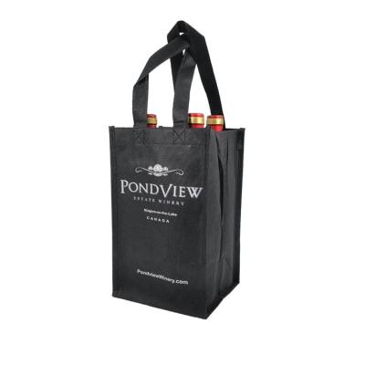 China 100% Recycle To Reuse Black Non Woven Reusable 4 Division Wine Bottle Gift Bag With Handles for sale