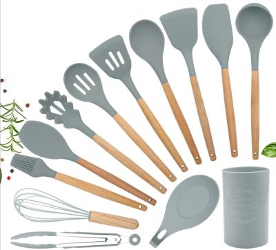 China 12 Pieces Multifunctional Silicone Wooden Handle Utensil Sustainable Kitchen Sustainable For Baking for sale