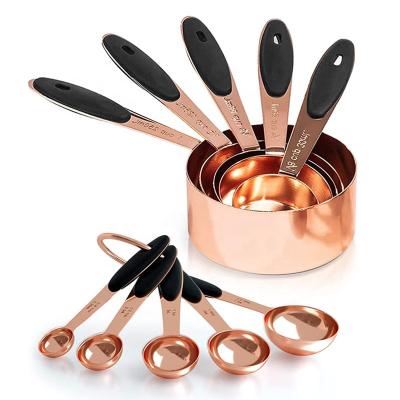 China Rose Gold Measuring Cups and Sustainable Spoons Set of 10 Pieces, Stainless Steel Nesting Measuring Cup Set with Soft Touch Silicone Handles for sale