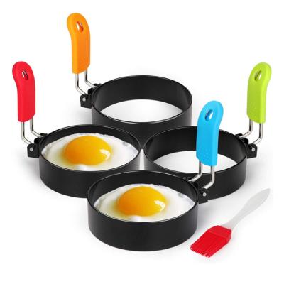 China Good Quality 4Pack Colorful Nonstick Stainless Steel Egg Cooker Egg Stiring Ring With Silcone Basting Brush for sale