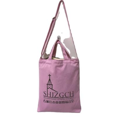 China Eco - Friendly Custom Printed Pink Canvas Cotton Tote Bag With Long Bridle Strap for sale