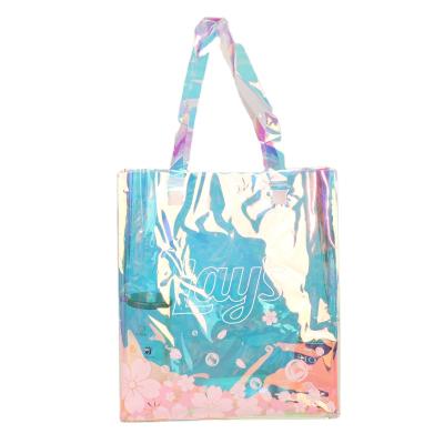 China Custom Fashion Eco-friendly Rainbow Iridescent Clear PVC Hologram Shopping Bag Holographic Tote Bag With Logo Printing for sale