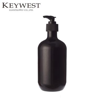 China Personal Logo Empty 500ml Custom Classy Round Black Hotel Packaging Skin Care Shampoo Plastic Bottle With Pump for sale