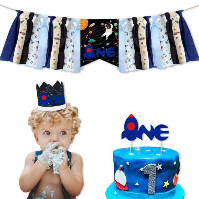 China Astronaut Birthday Banner Set Baby Shower Party Decoration Space One Birthday Crown for Boy Baby Shower Happy Birthday Banner Party Decorations Supplies for sale