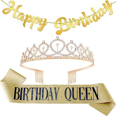 China Princess Birthday Sash and Tiara Crown Girl's Rose Gold Crown Birthday Queen Alloy Gold Silver Rhinestone Happy Birthday Crown for sale